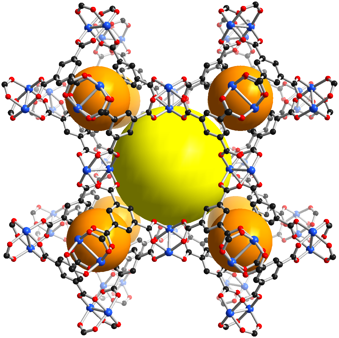 Metal-organic framework crystal structure showing porous cage architecture